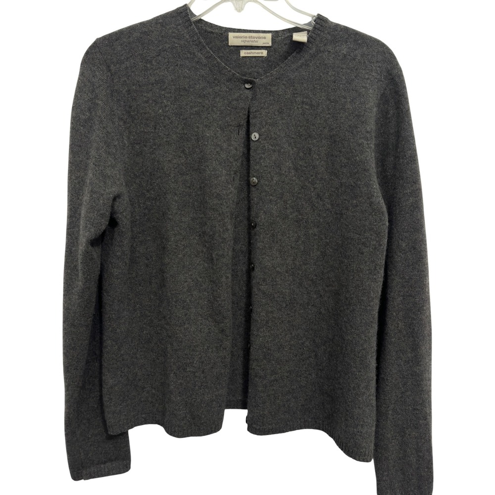 Valerie Stevens 100% Cashmere Cardigan Charcoal Gray Petite Quiet Luxury PL